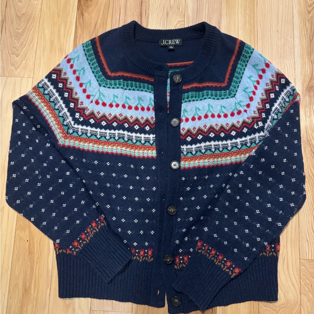 J.Crew Fair Isle Cardigan Sweater Cherry Print Size Small